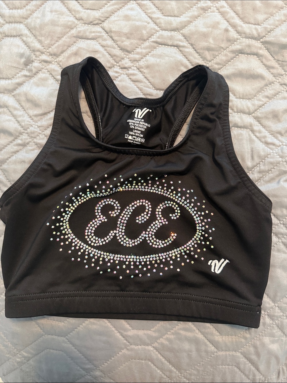 Varsity Black Sports Bra with Iridescent Rhinestone ECE Logo